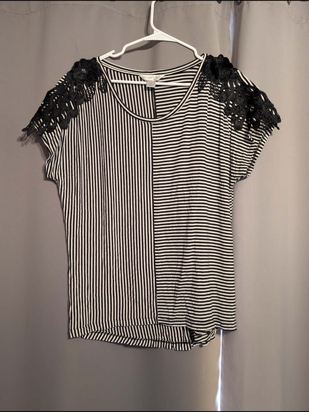 Black & White Striped Short Sleeve Top with Lace Shoulders